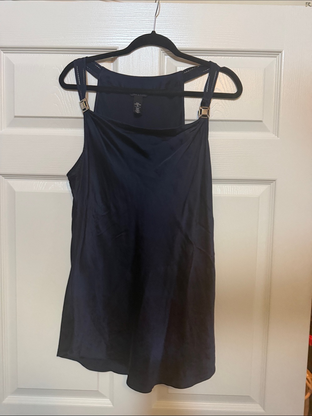 White House Black Market Navy Blue Satin Camisole with Buckle Straps